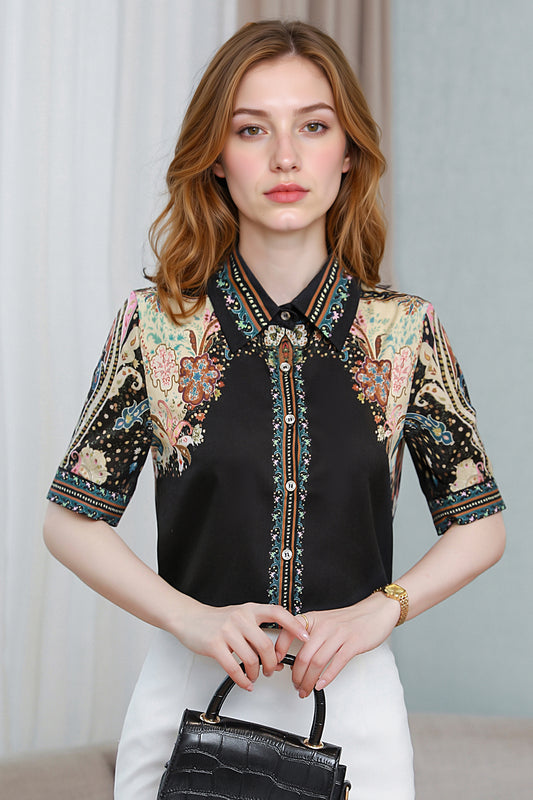Women's Collared Floral Print Blouse Short Sleeve Tops