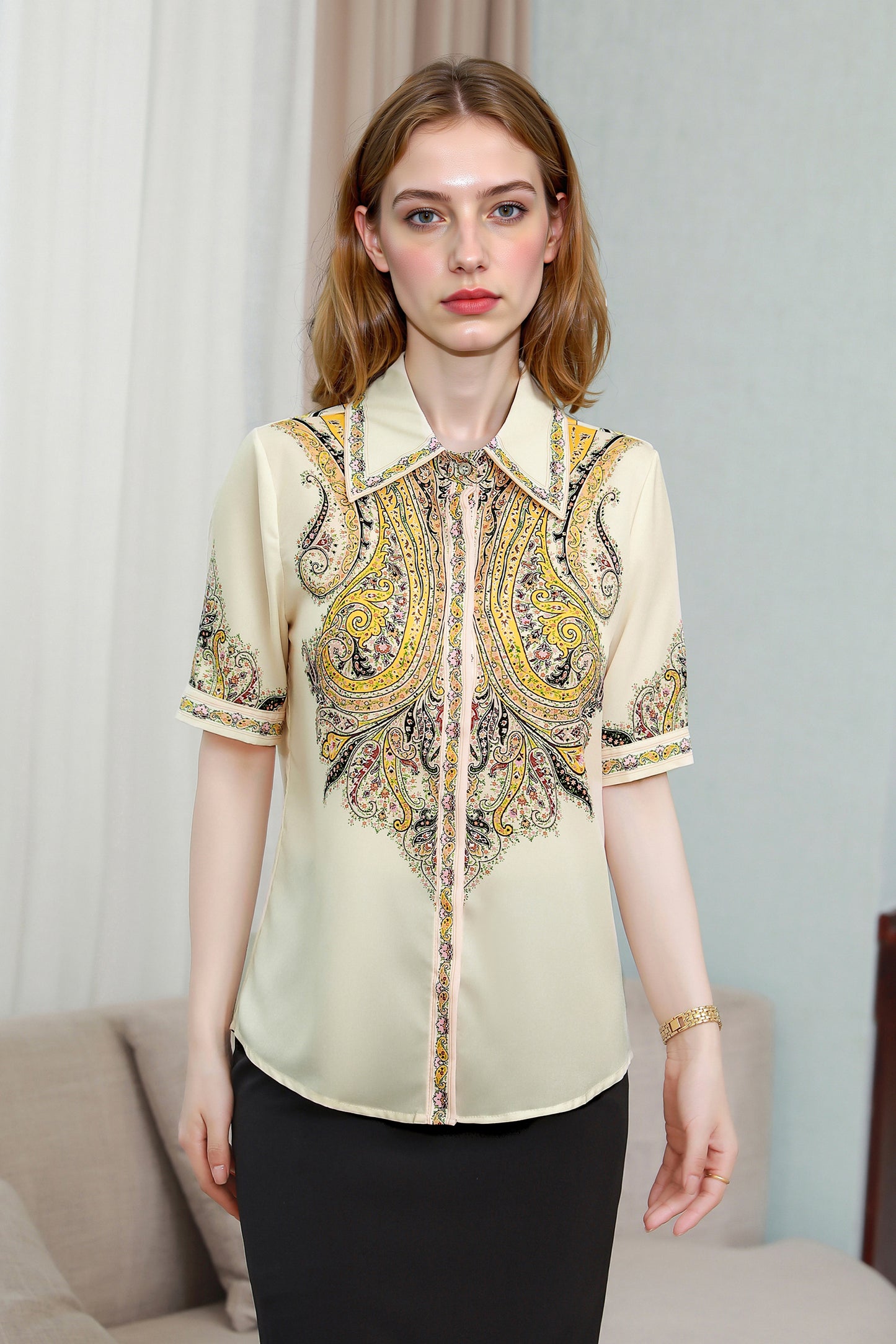 Women's Collared Floral Print Blouse Short Sleeve Tops
