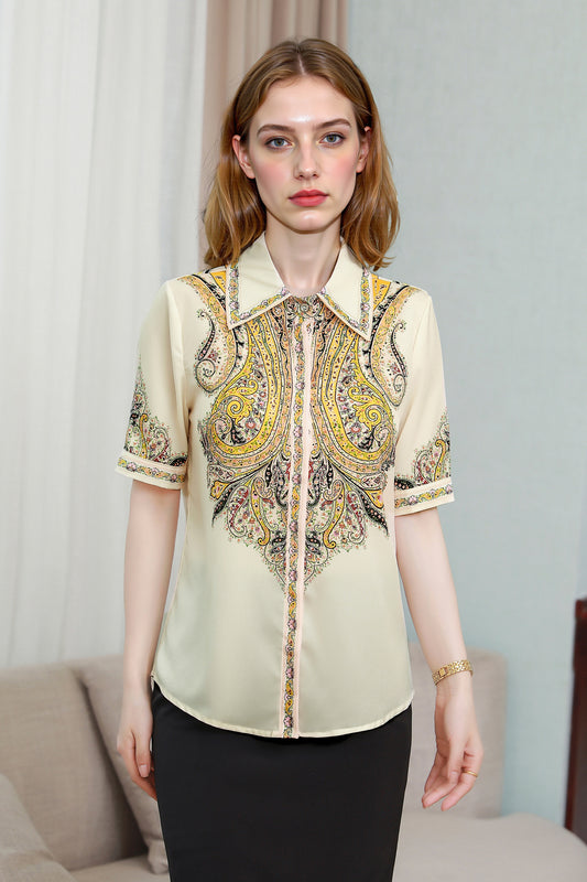Women's Collared Floral Print Blouse Short Sleeve Tops