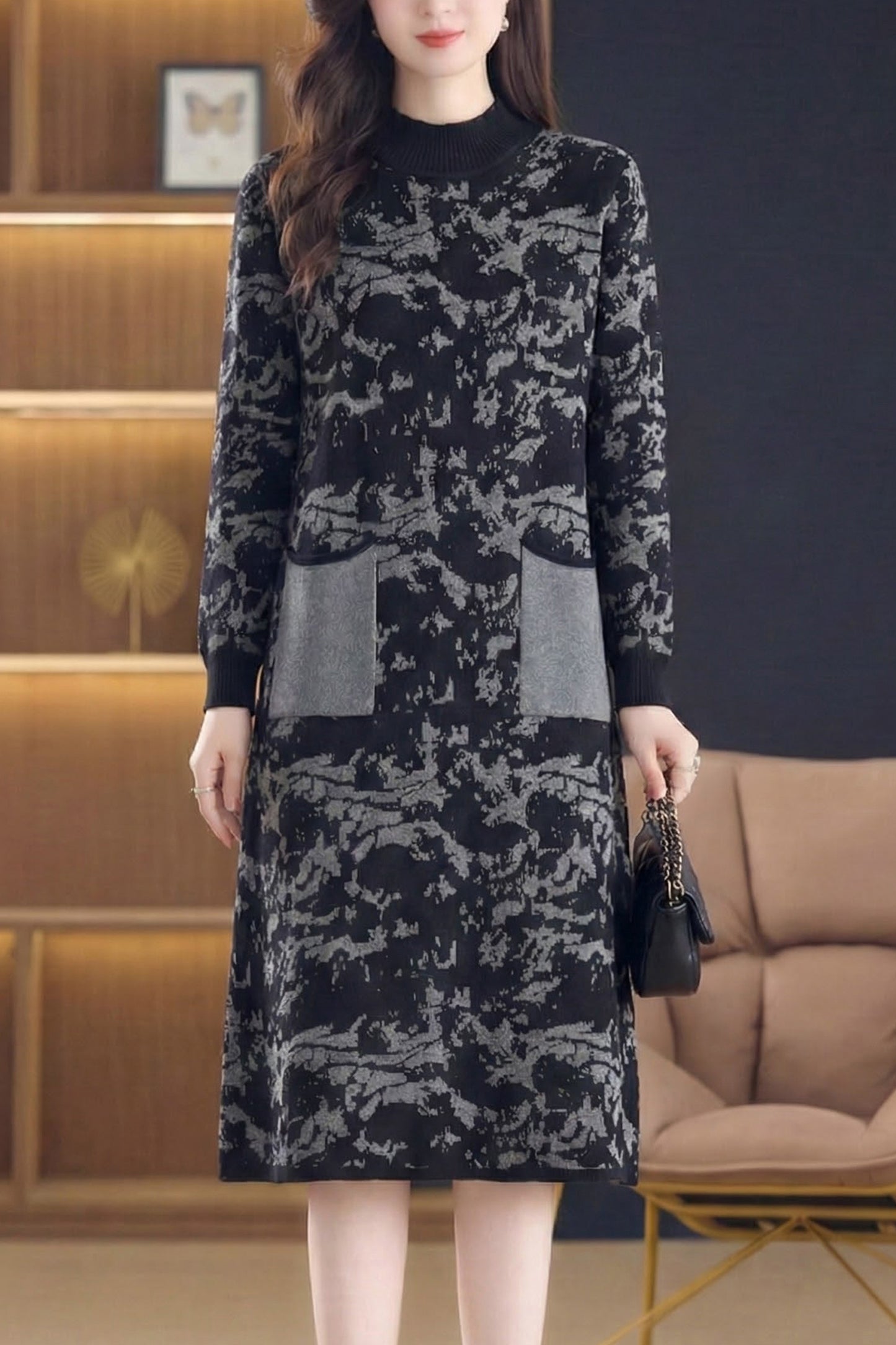 Women's Long Sleeve Knit Sweater Dress With Pocket