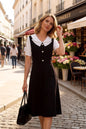 Women's Peter Pan Collar Short Sleeve A-line Midi Dress - LAI MENG FIVE CATS