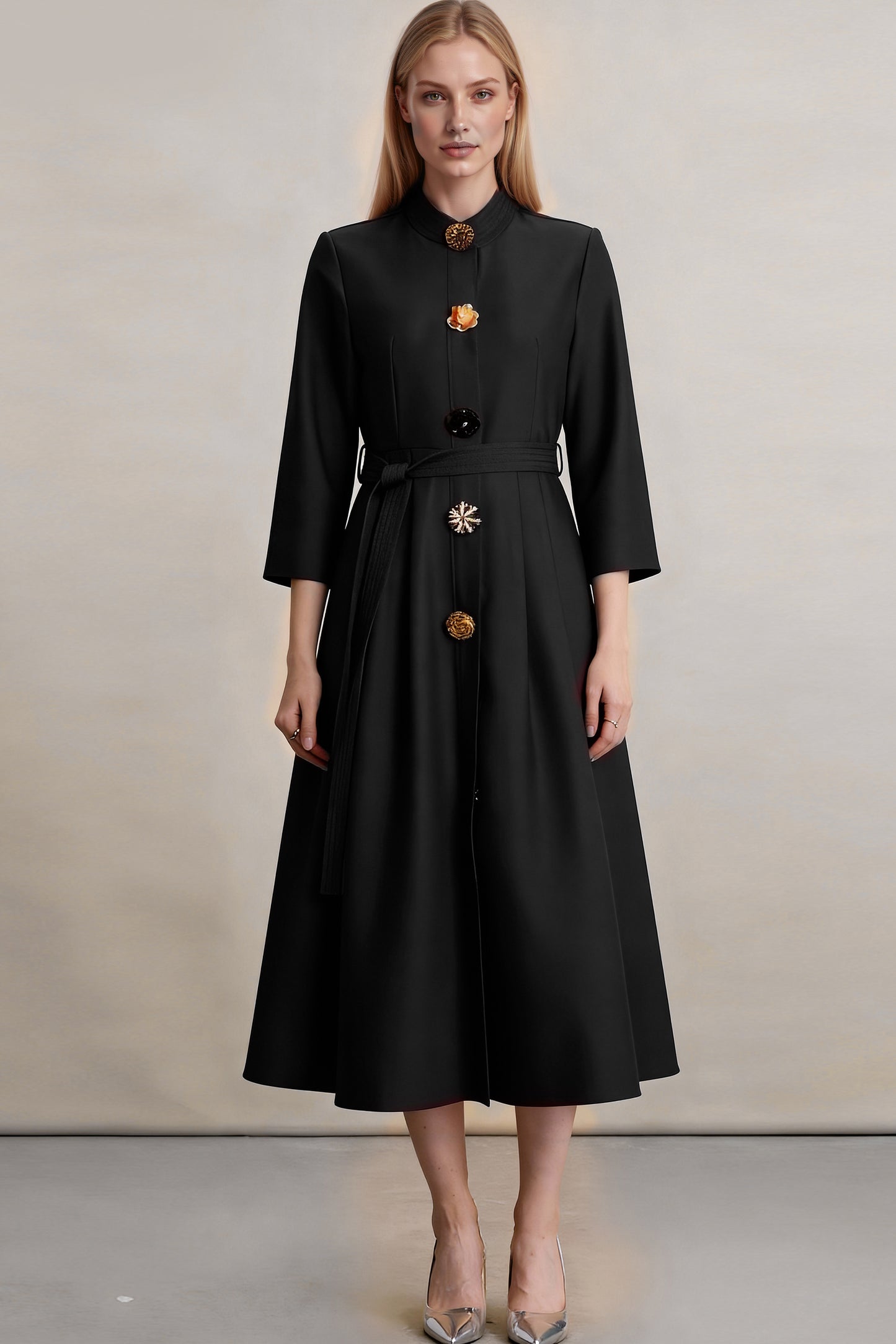 Women's 3/4 Sleeve Button Midi Dress with Pocket