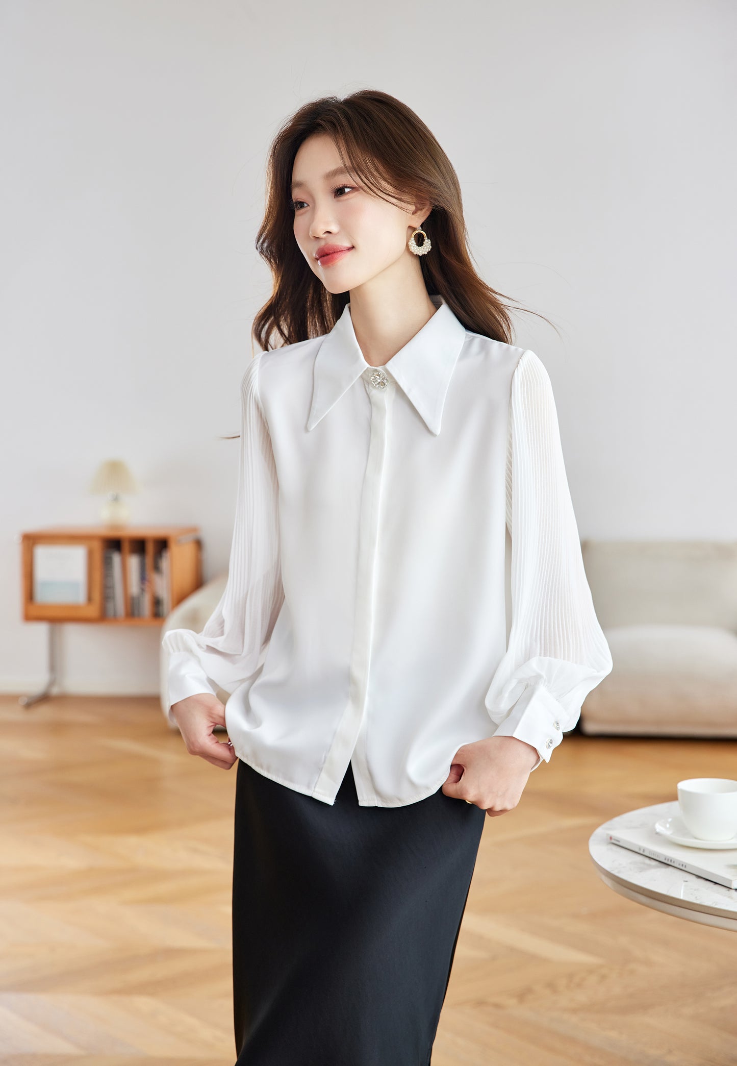 Women's V Neck Lantern Sleeve Blouse Button Tops