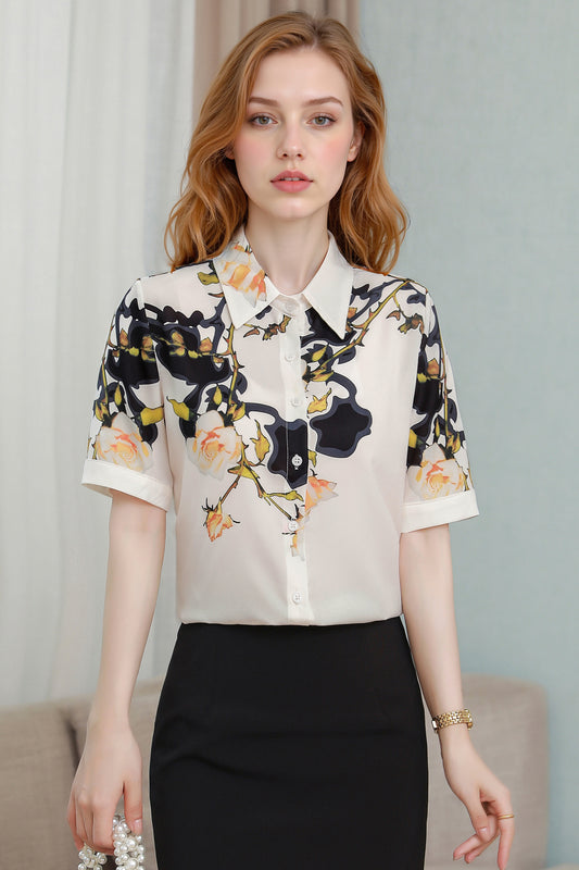 Women's Collared Floral Print Blouse Short Sleeve Tops