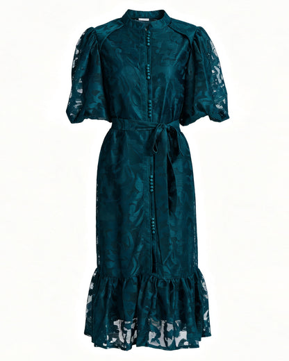 Green Lace Button Front Midi Dress | Elegant Garden Dress