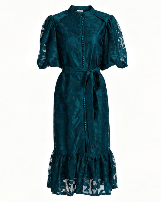 Green Lace Button Front Midi Dress | Elegant Garden Dress