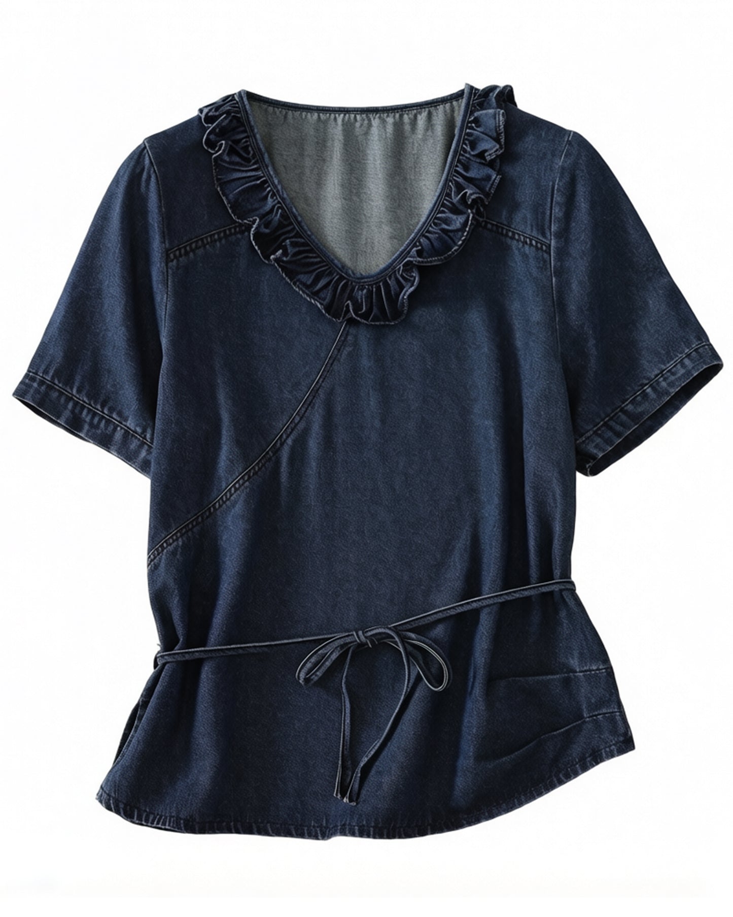 Ruffle V-Neck Denim Top | Soft Feminine Everyday Style