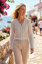 Women's V Neck Lace Crochet See Through Blouse - LAI MENG FIVE CATS