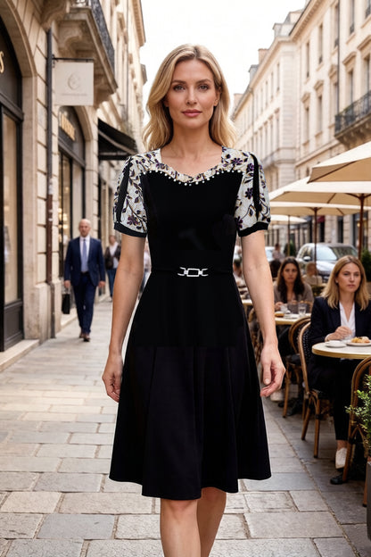Women's Short Sleeve Pocket A-line Stretch Midi Dress - LAI MENG FIVE CATS