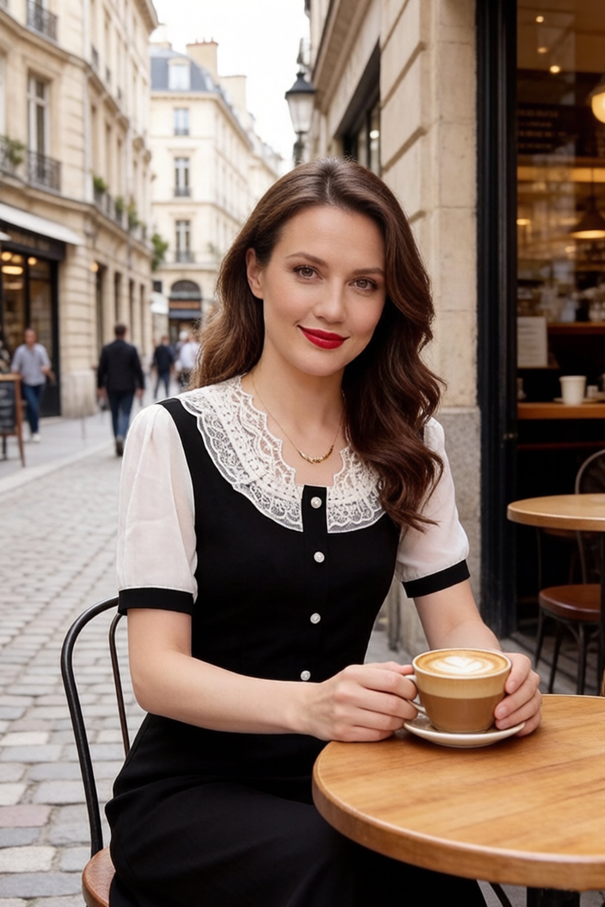 Women's Peter Pan Collar Short Sleeve A-line Midi Dress - LAI MENG FIVE CATS
