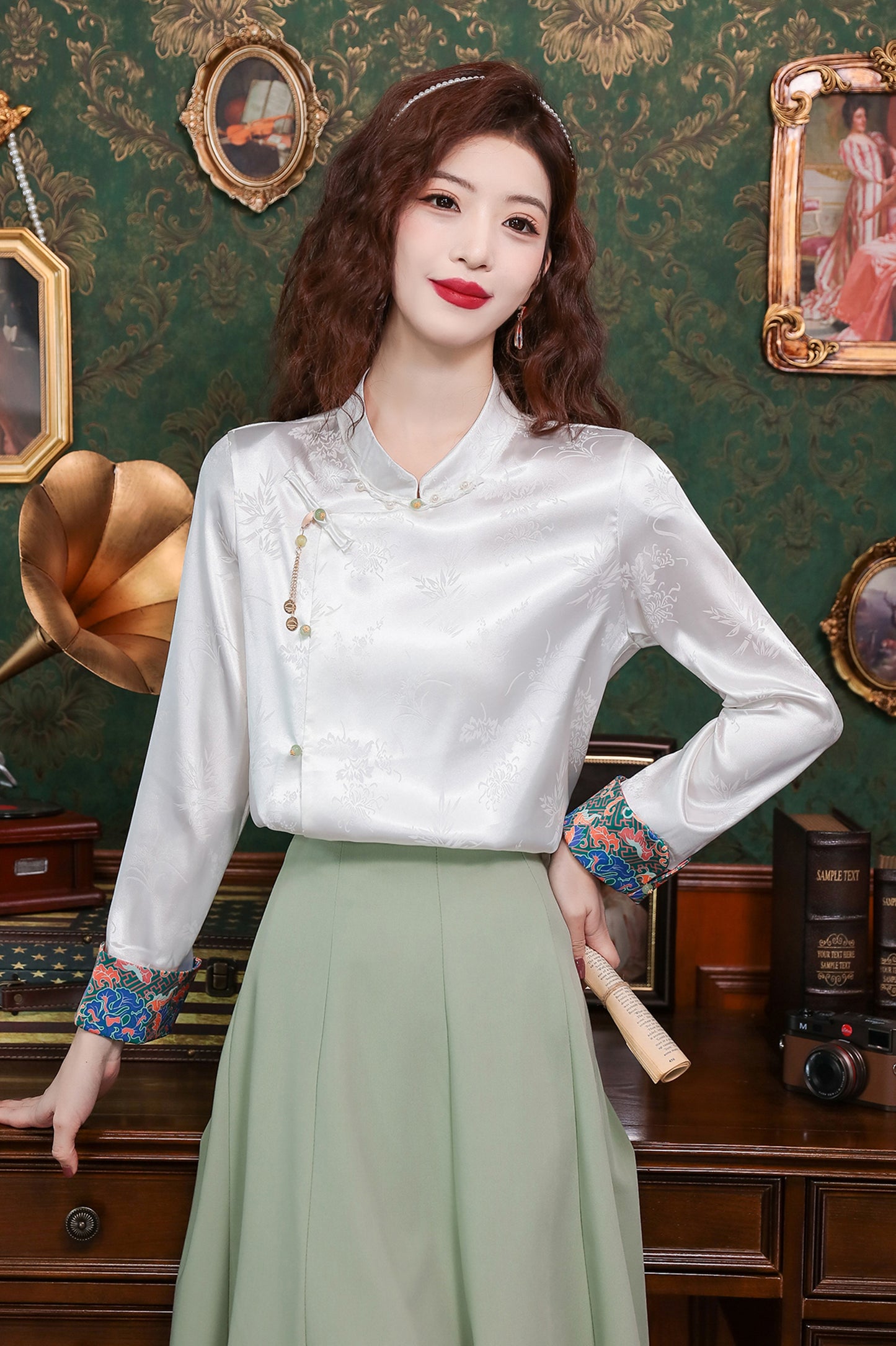 Women's Silk Satin Top Embroidered  Jacquard Shirt