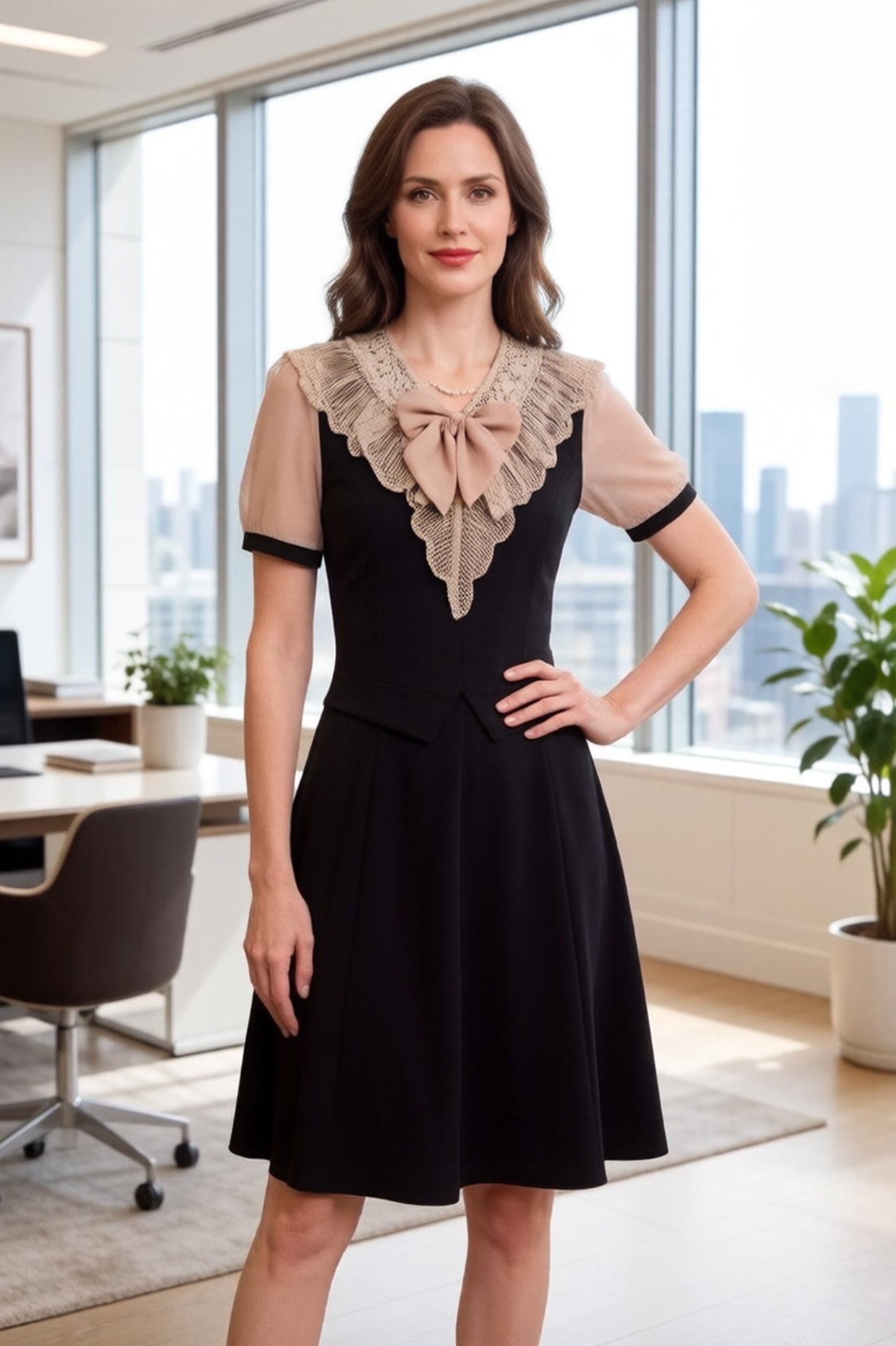 Women's Tie V-Neck Short Sleeve A-line Midi Dress