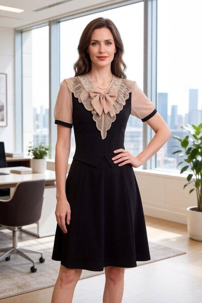 Women's Tie V-Neck Short Sleeve A-line Midi Dress