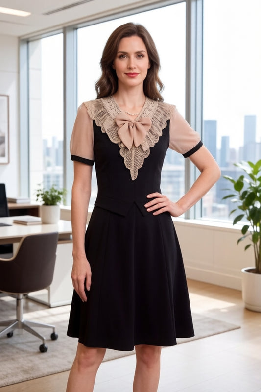 Women's Tie V-Neck Short Sleeve A-line Midi Dress