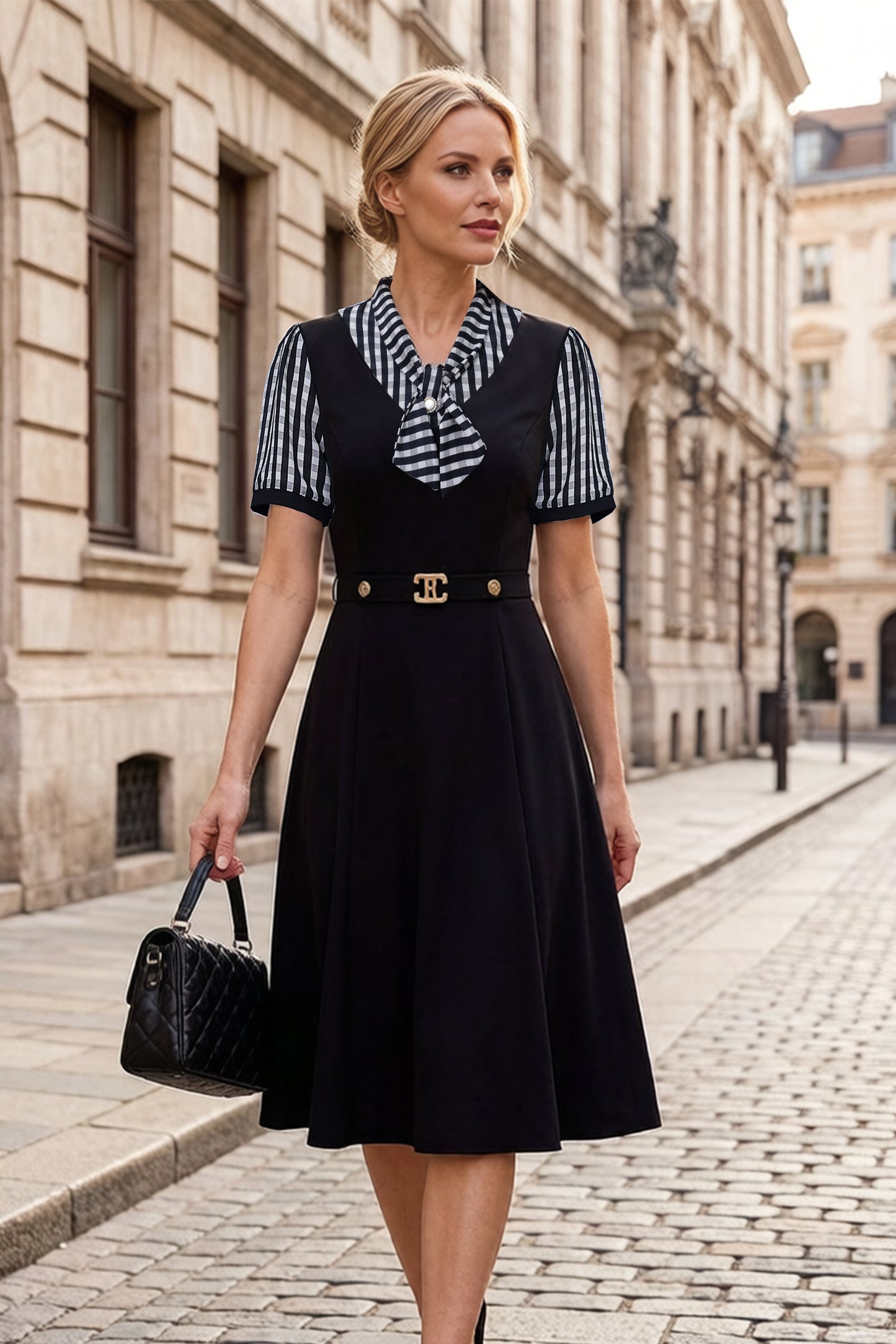Women's Tie V-Neck Short Sleeve Pocket Midi Dress - LAI MENG FIVE CATS