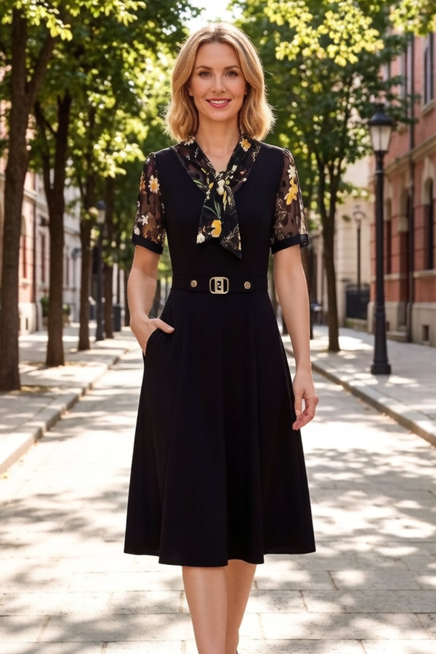 Women's Tie V-Neck Short Sleeve Pocket Midi Dress