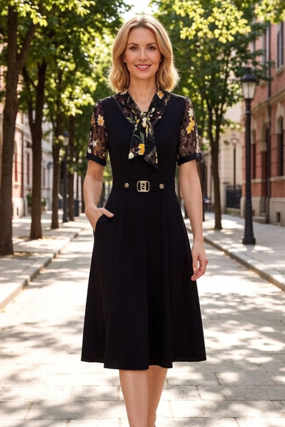 Women's Tie V-Neck Short Sleeve Pocket Midi Dress