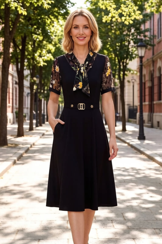 Women's Tie V-Neck Short Sleeve Pocket Midi Dress