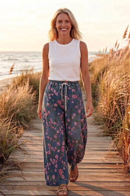 Women's Wide Leg Jeans Baggy Floral Wasited Elastic Pants - LAI MENG FIVE CATS