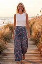 Women's Wide Leg Jeans Baggy Floral Wasited Elastic Pants - LAI MENG FIVE CATS