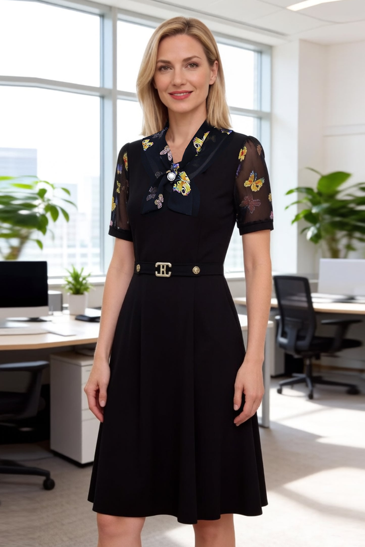 Women's Tie V-Neck Short Sleeve Pocket Midi Dress - LAI MENG FIVE CATS