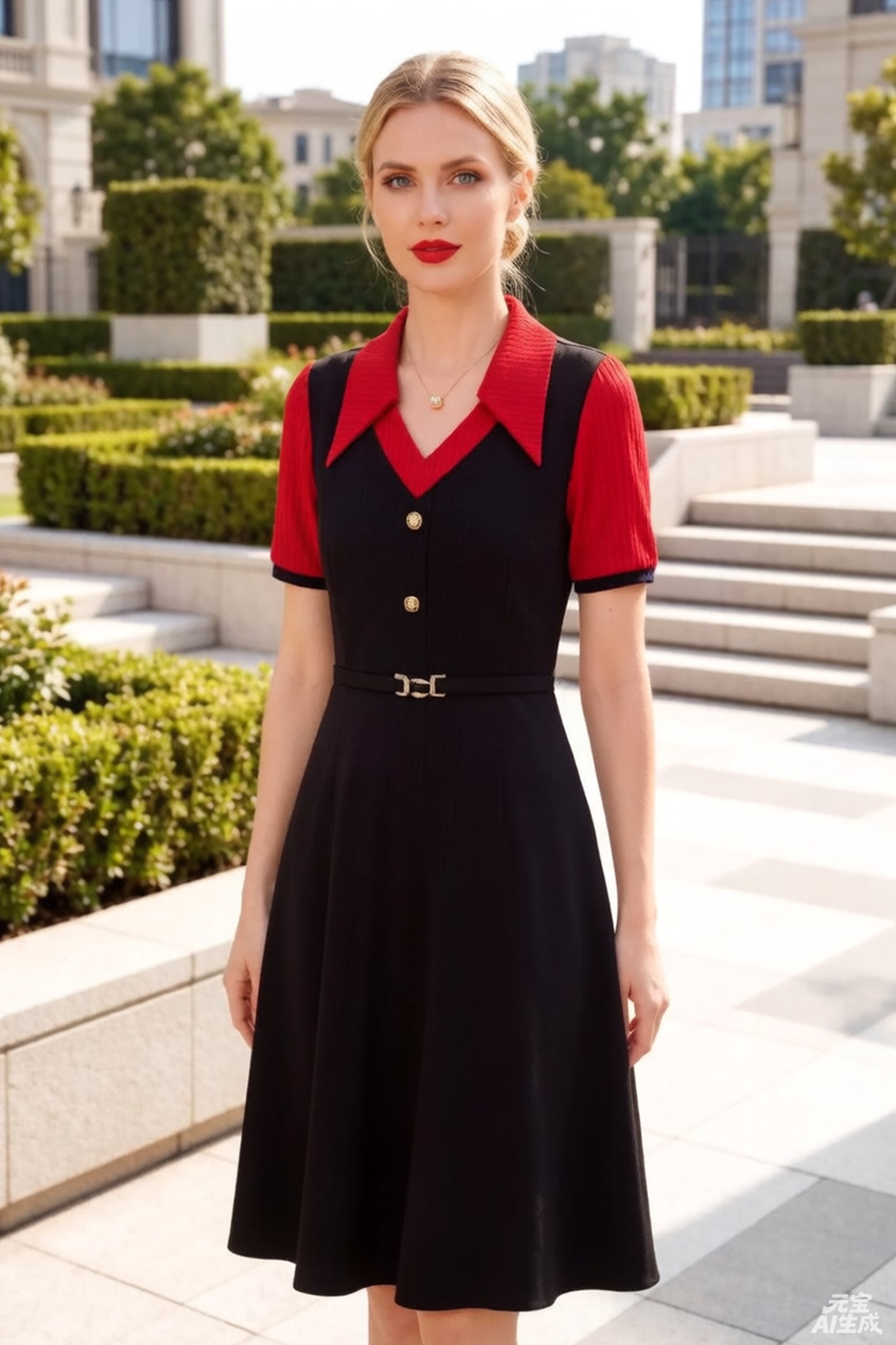 Women's Lapel V-Neck Pocket Short Sleeve Midi Dress - LAI MENG FIVE CATS