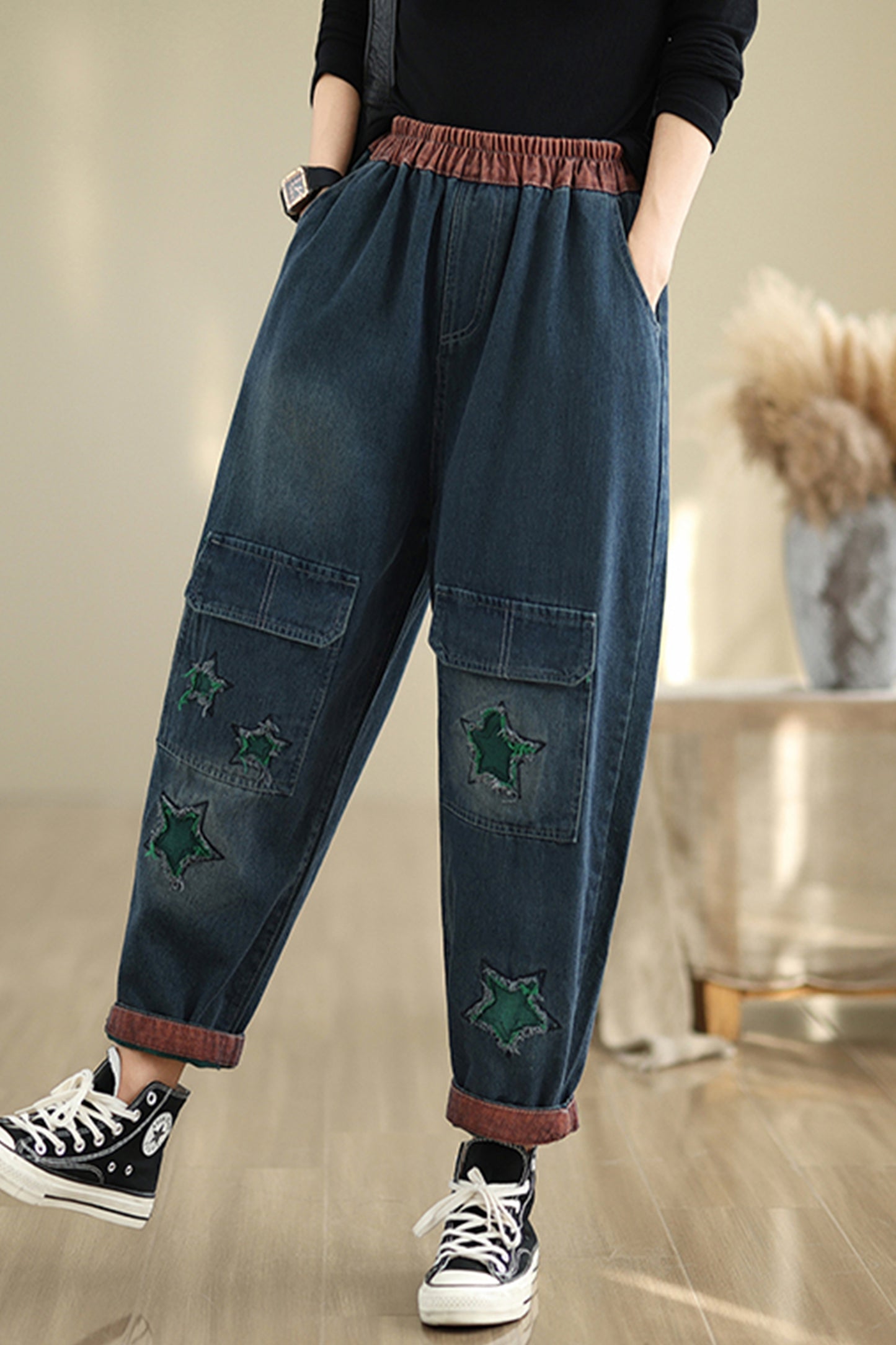 Women Loose Jeans Denim Pants Elastic Waist