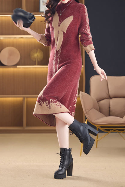 Women's Fall Knit Ribbed Sleeve Sweater Midi Dress