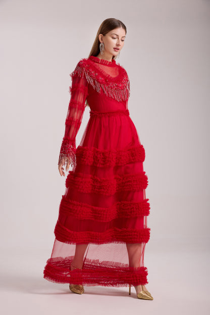 Royal Romance Beads Embroidery Tassels Embellished Cake Dress