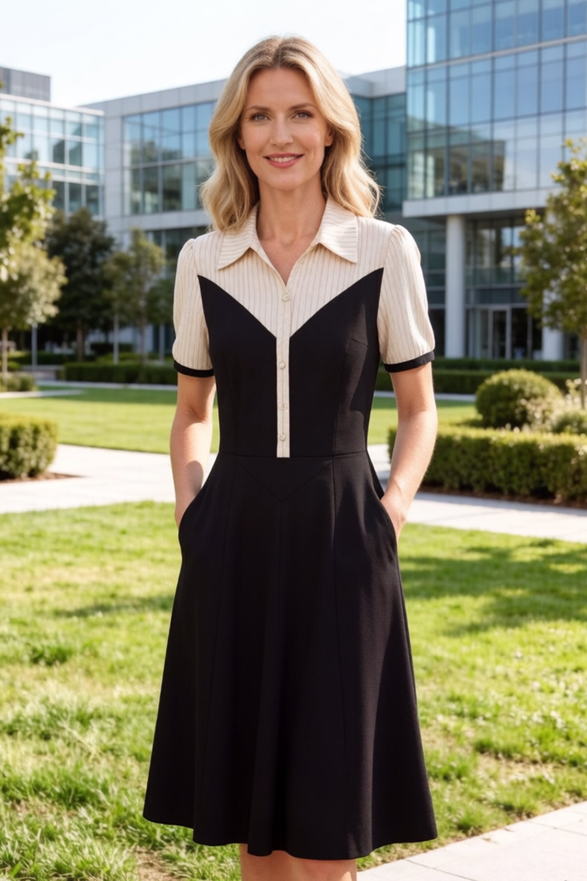 Women's Lapel V-Neck Pocket Short Sleeve Midi Dress - LAI MENG FIVE CATS