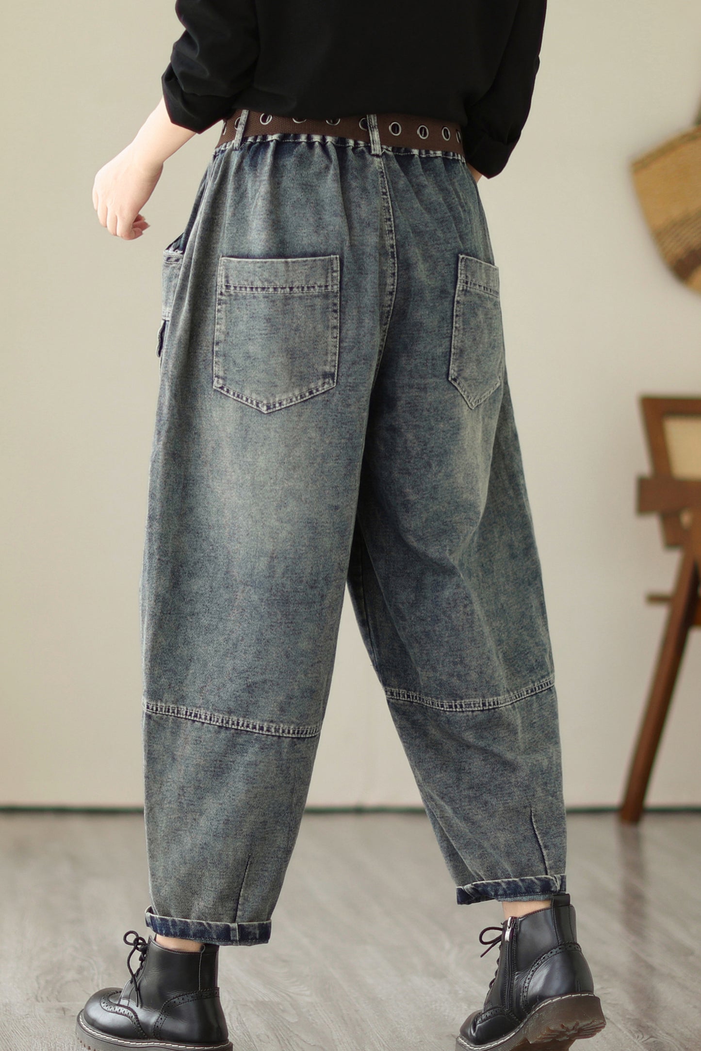 Women's Jeans Pattern Elastic Waist Harem Pants with Pockets