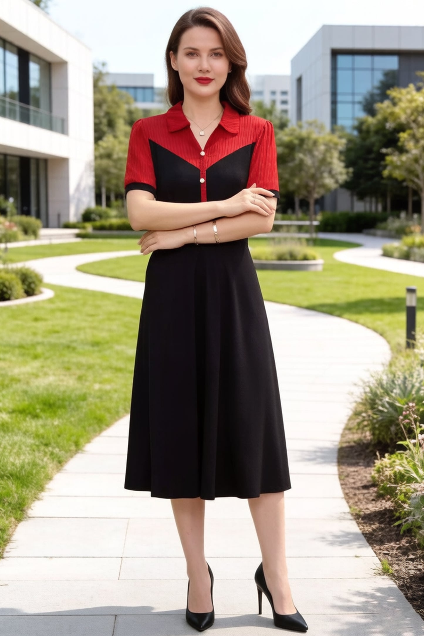 Women's Lapel V-Neck Pocket Short Sleeve Midi Dress - LAI MENG FIVE CATS