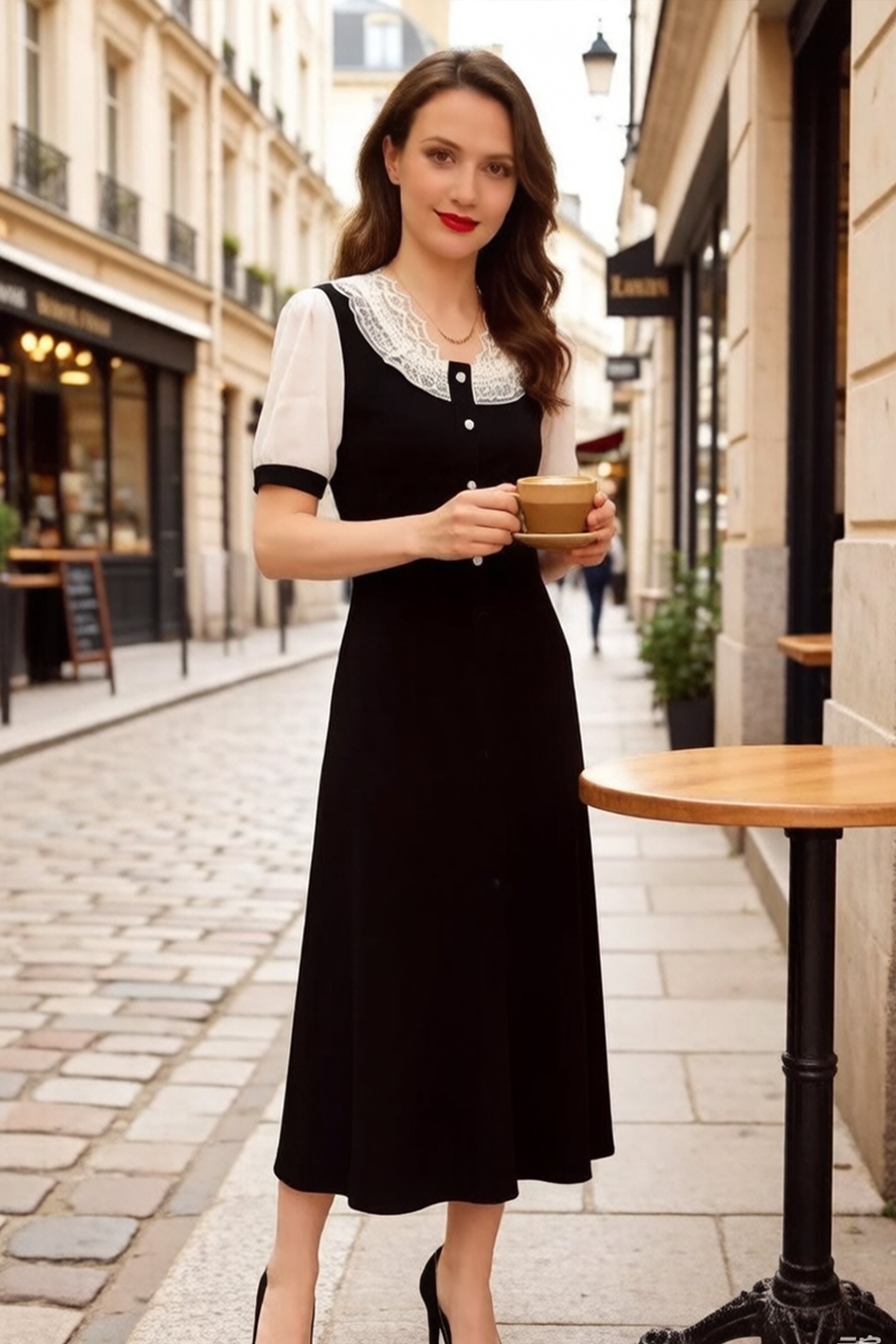 Women's Peter Pan Collar Short Sleeve A-line Midi Dress - LAI MENG FIVE CATS