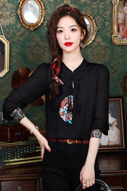 Women's Silk Satin Top Embroidered  Jacquard Shirt