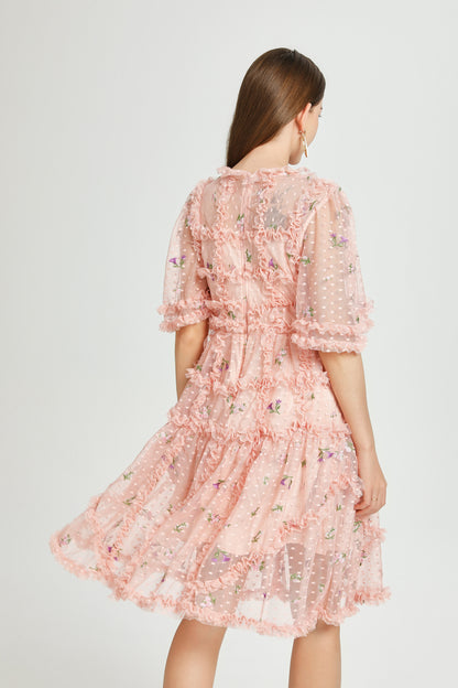 Pink Floral Embroidered Mesh Mini Dress