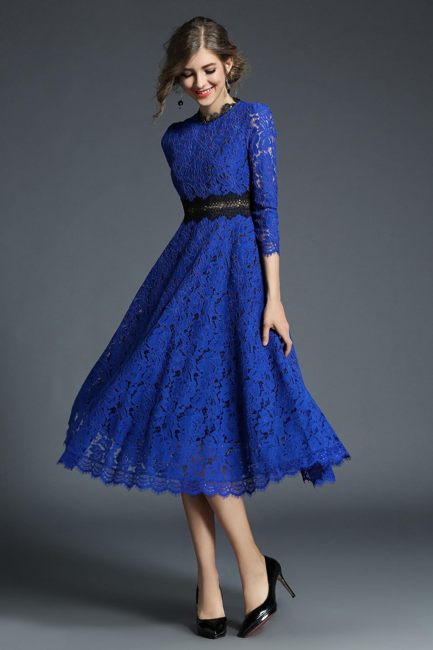 Women's 3/4 Sleeve Floral Lace Cocktail Party Midi Dress