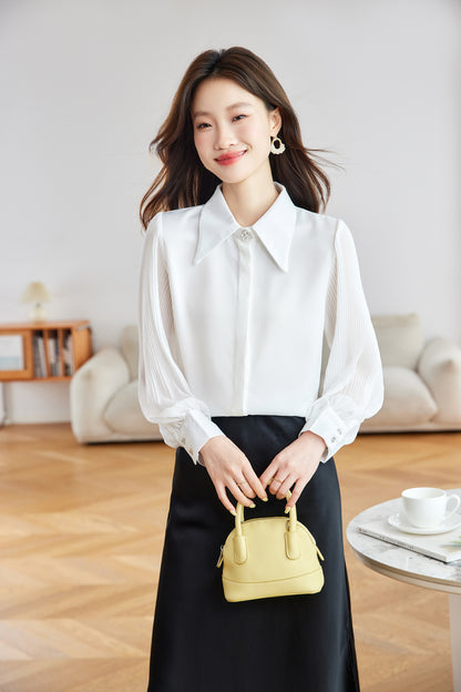 Women's V Neck Lantern Sleeve Blouse Button Tops