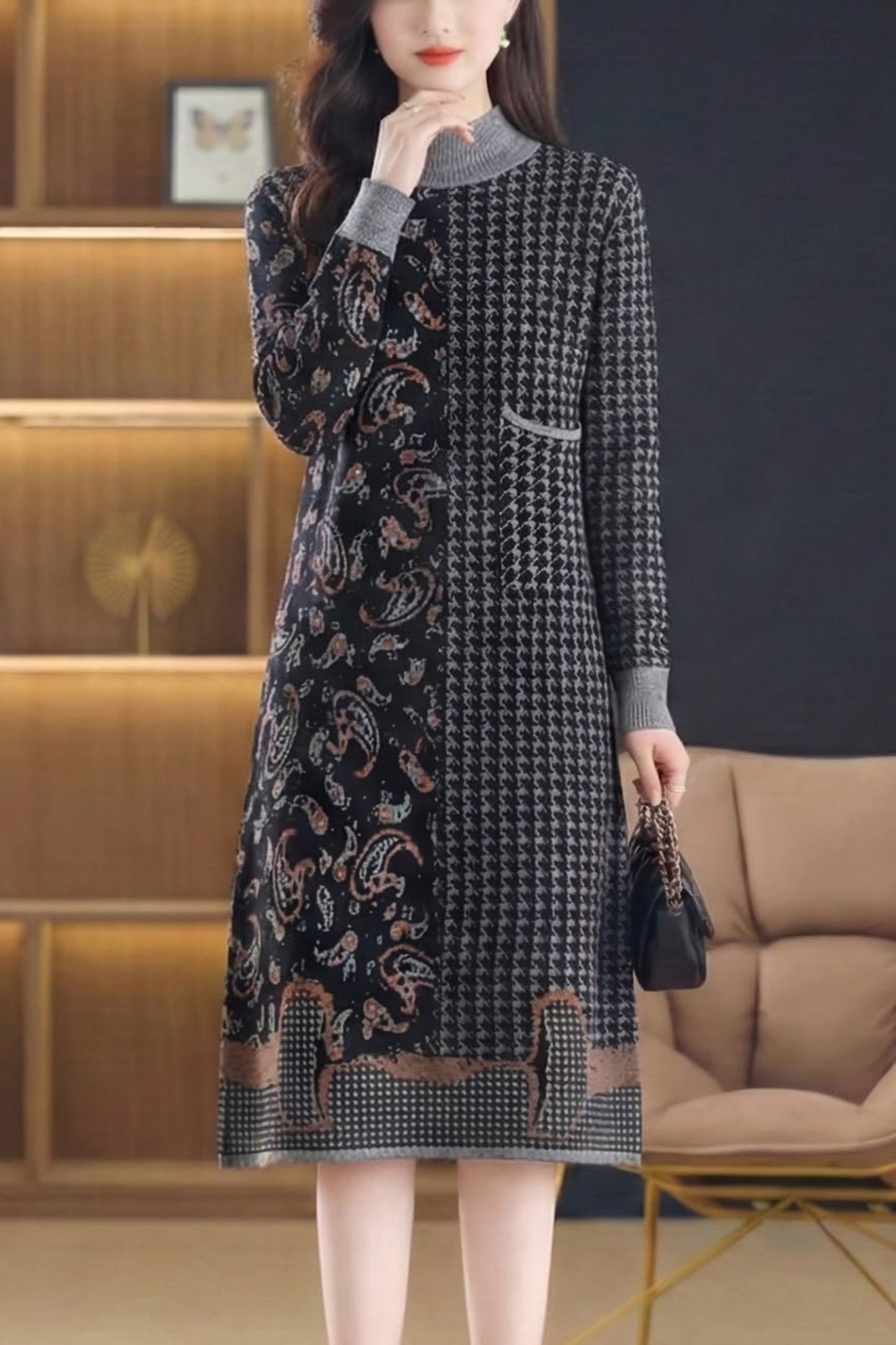 Women's Long Sleeve Knit Sweater Dress With Pocket