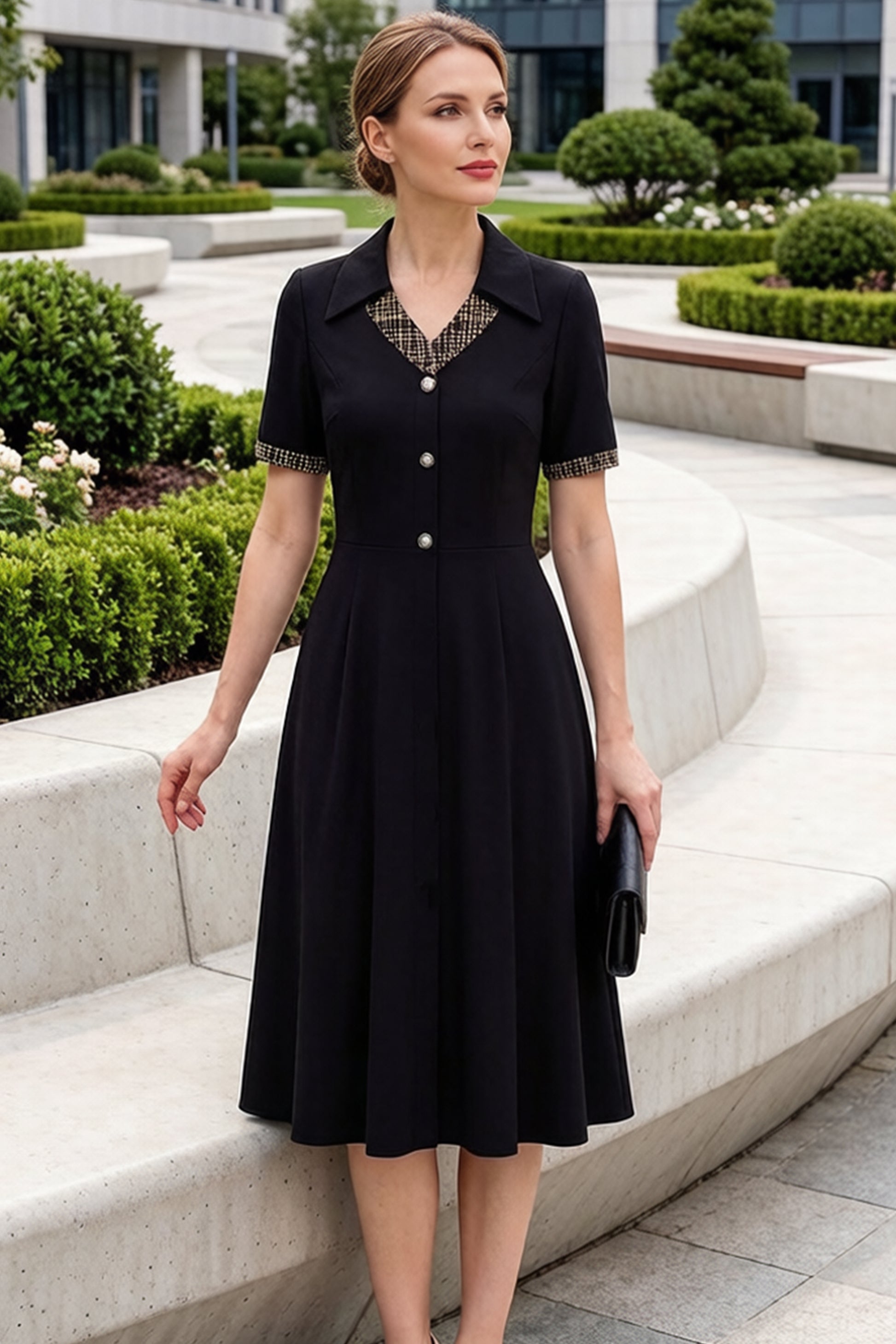 Women's Lapel V-Neck Pocket Short Sleeve Midi Dress - LAI MENG FIVE CATS