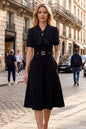 Women's Tie V-Neck Short Sleeve Pocket Midi Dress