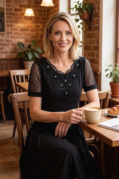 Women's Short Sleeve Stretch Pocket Midi Dress - LAI MENG FIVE CATS