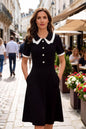 Women's Peter Pan Collar Short Sleeve Pocket Midi Dress - LAI MENG FIVE CATS