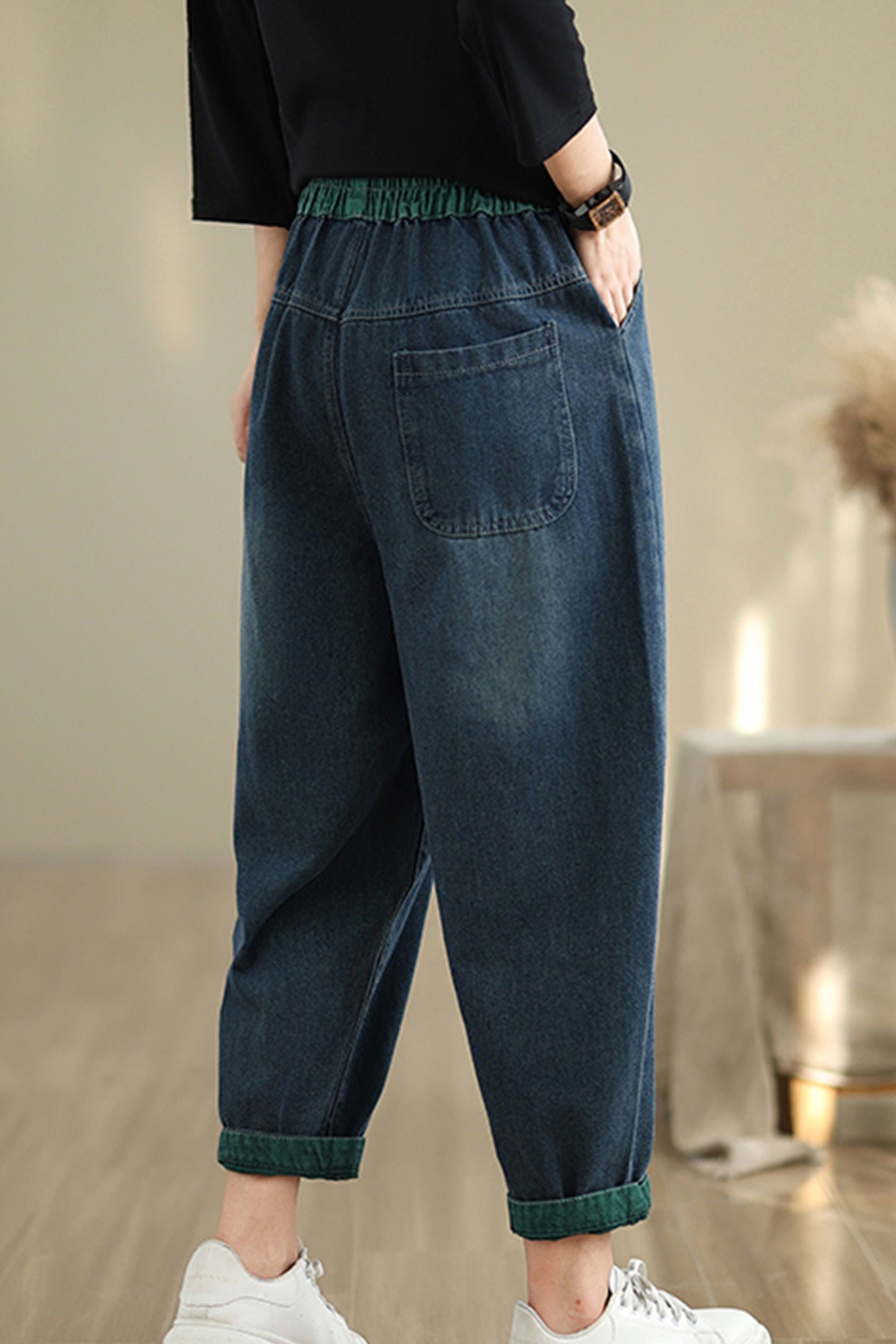 Women Loose Jeans Denim Pants Elastic Waist