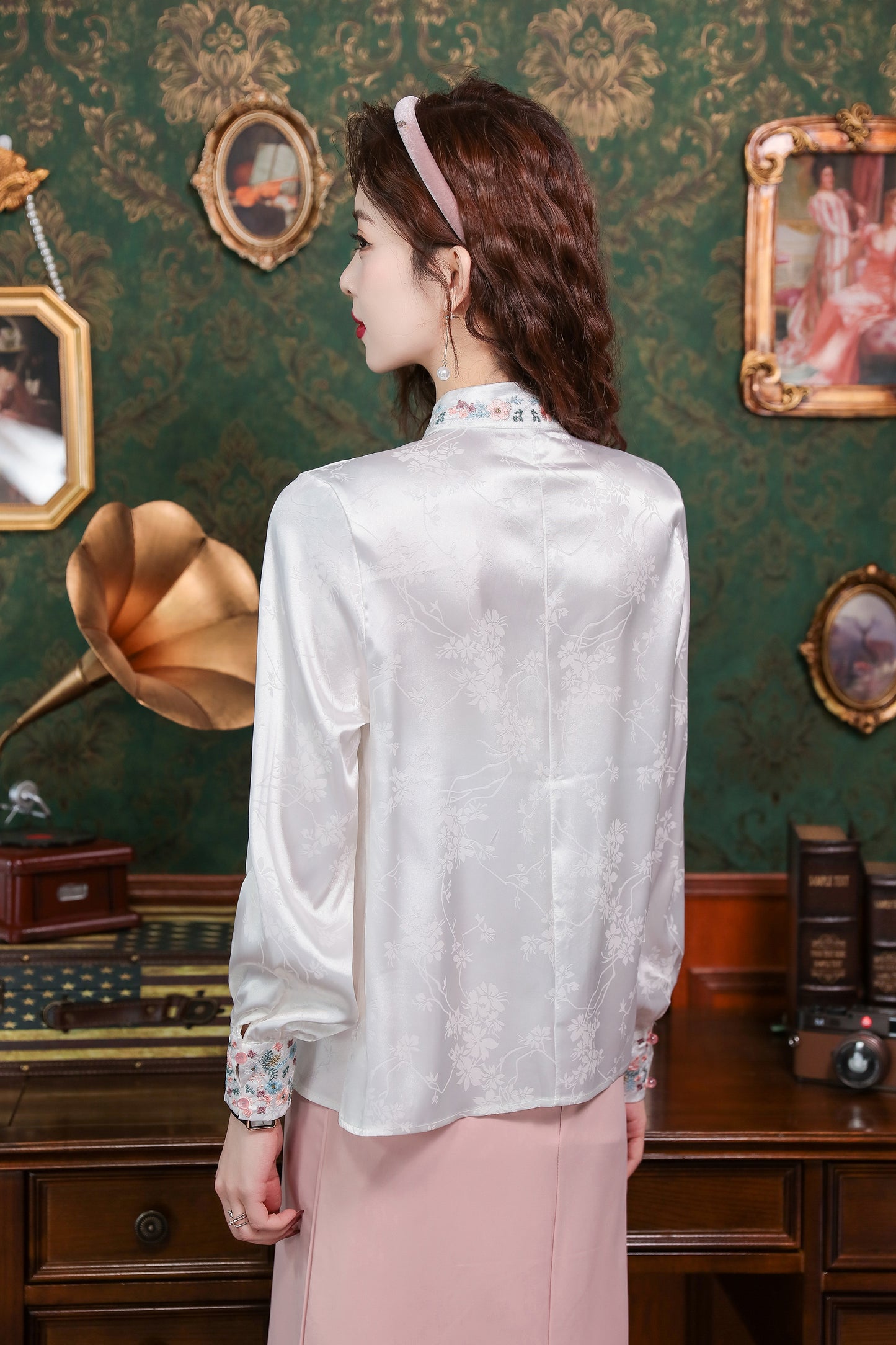 Women's Silk Satin Top Embroidered  Jacquard Shirt