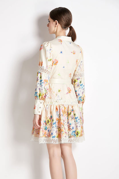 BK-Floral Print Button up Mini Dress with Belt