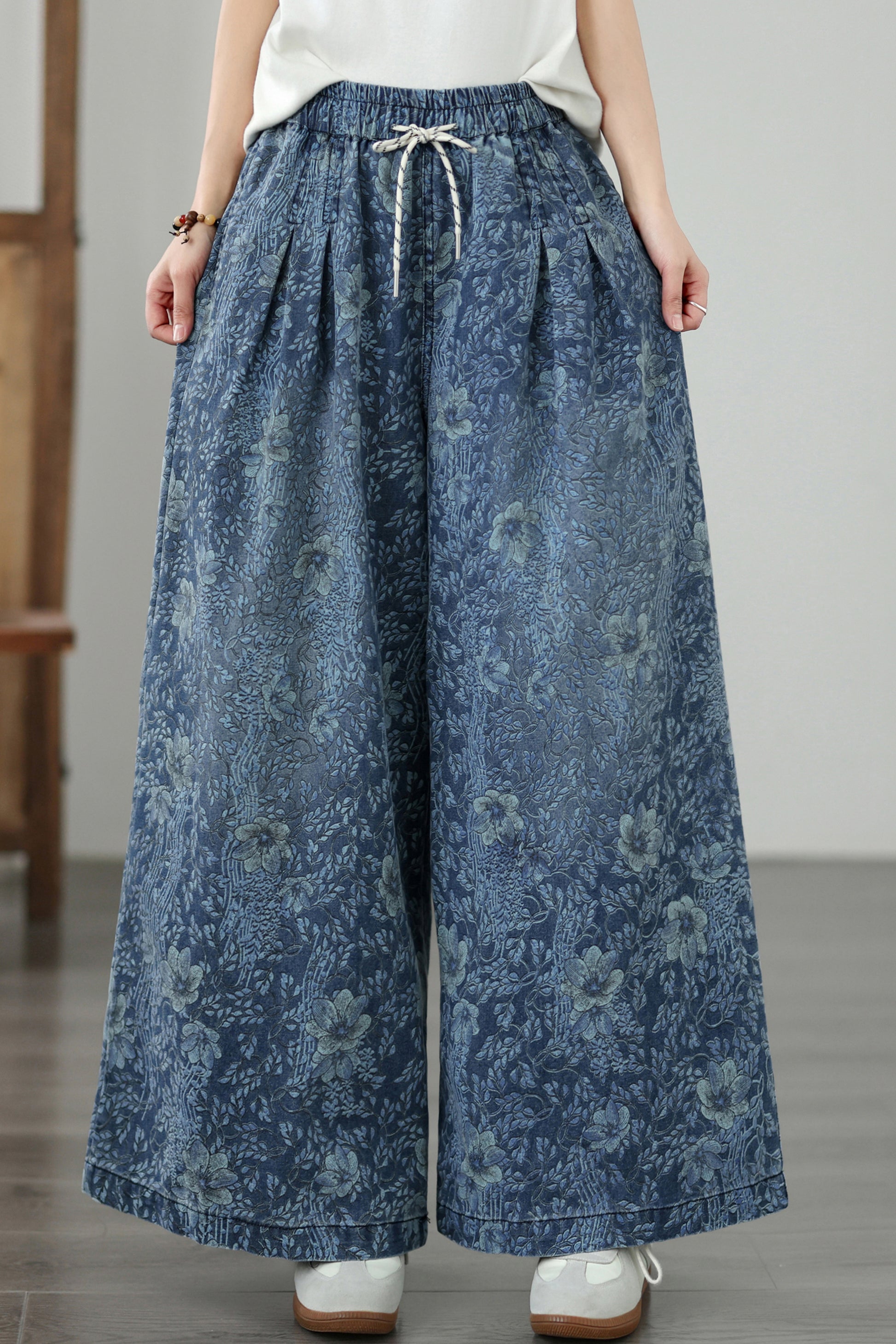 Women's Wide Leg Jeans Baggy Floral Wasited Elastic Pants - LAI MENG FIVE CATS