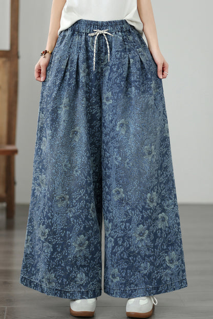 Women's Wide Leg Jeans Baggy Floral Wasited Elastic Pants - LAI MENG FIVE CATS