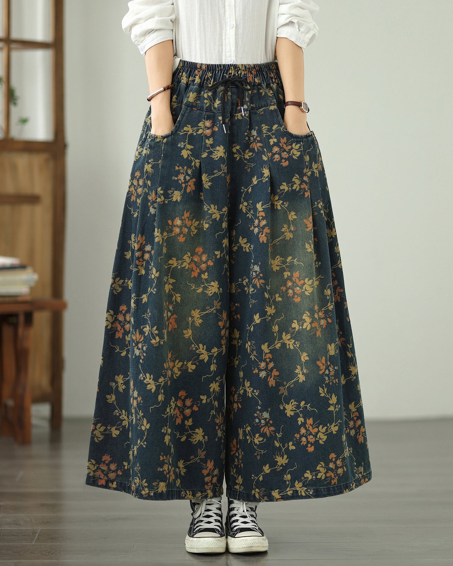 Floral Print Wide Leg Drawstring Denim Pants | Relaxed Fit