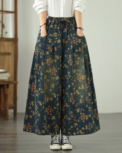 Floral Print Wide Leg Drawstring Denim Pants | Relaxed Fit