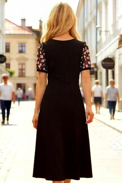 26-Women's Peter Pan Collar Short Sleeve Midi Dress - LAI MENG FIVE CATS